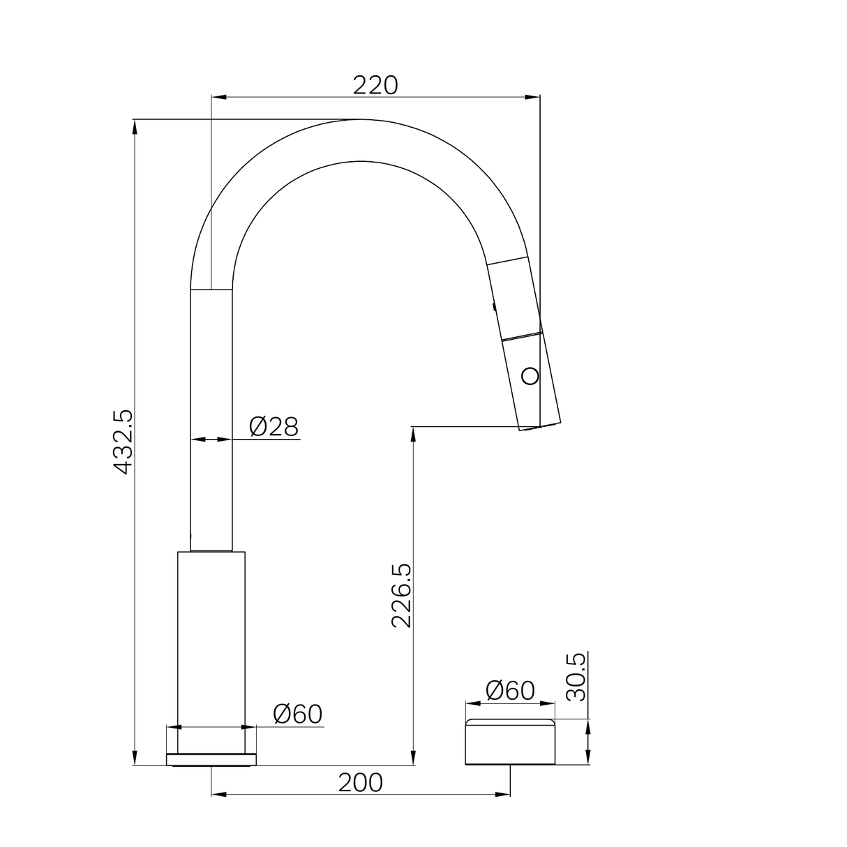 A line drawing of Nero Tapware's Serenity Progressive Pull Out Kitchen Set With Metal Handle Chrome