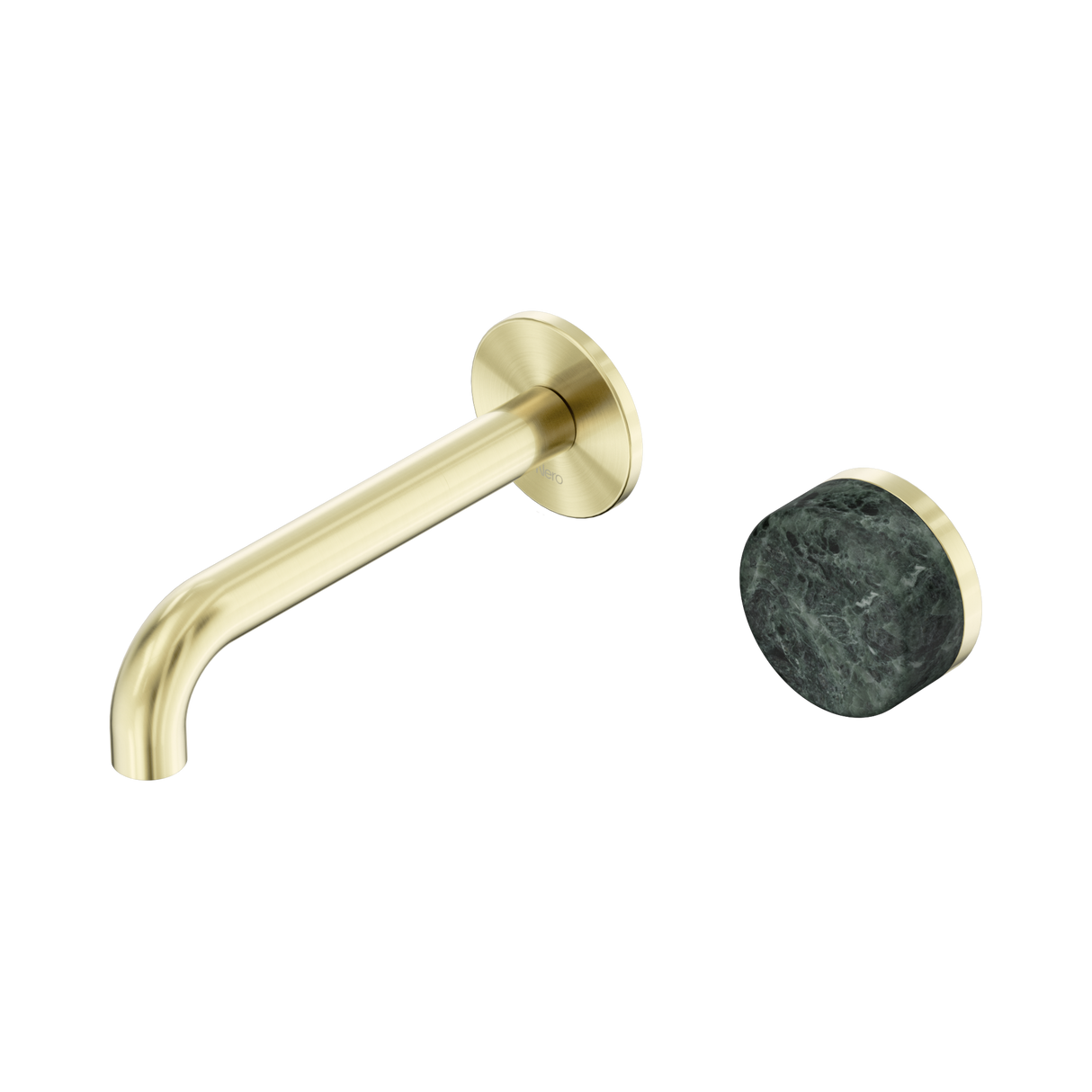 An image of Nero Tapware's Serenity Progressive Wall Basin Mixer 160mm Spout With Verde Alpi Handle Brushed Gold