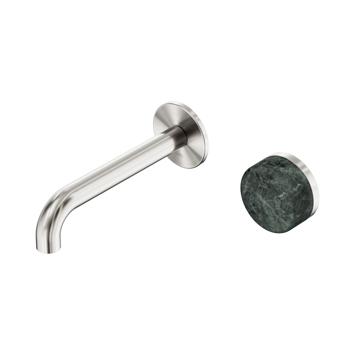 An image of Nero Tapware's Serenity Progressive Wall Basin Mixer 160mm Spout With Verde Alpi Handle Brushed Nickel