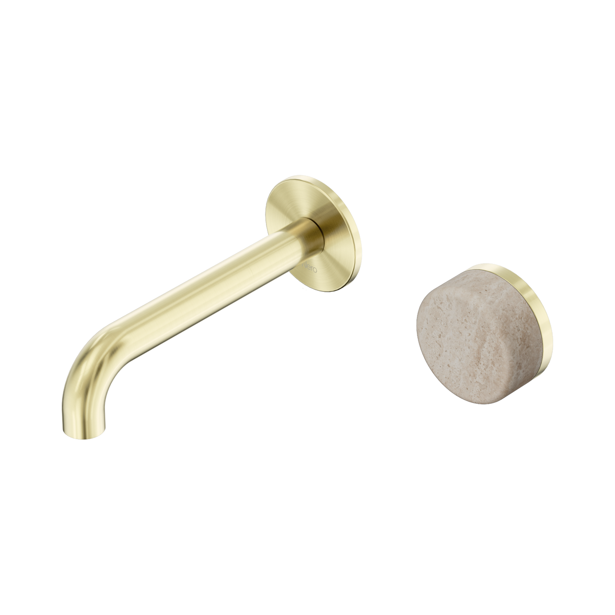 An image of Nero Tapware's Serenity Progressive Wall Basin Mixer 160mm Spout With Rome Travertine Handle Brushed Gold