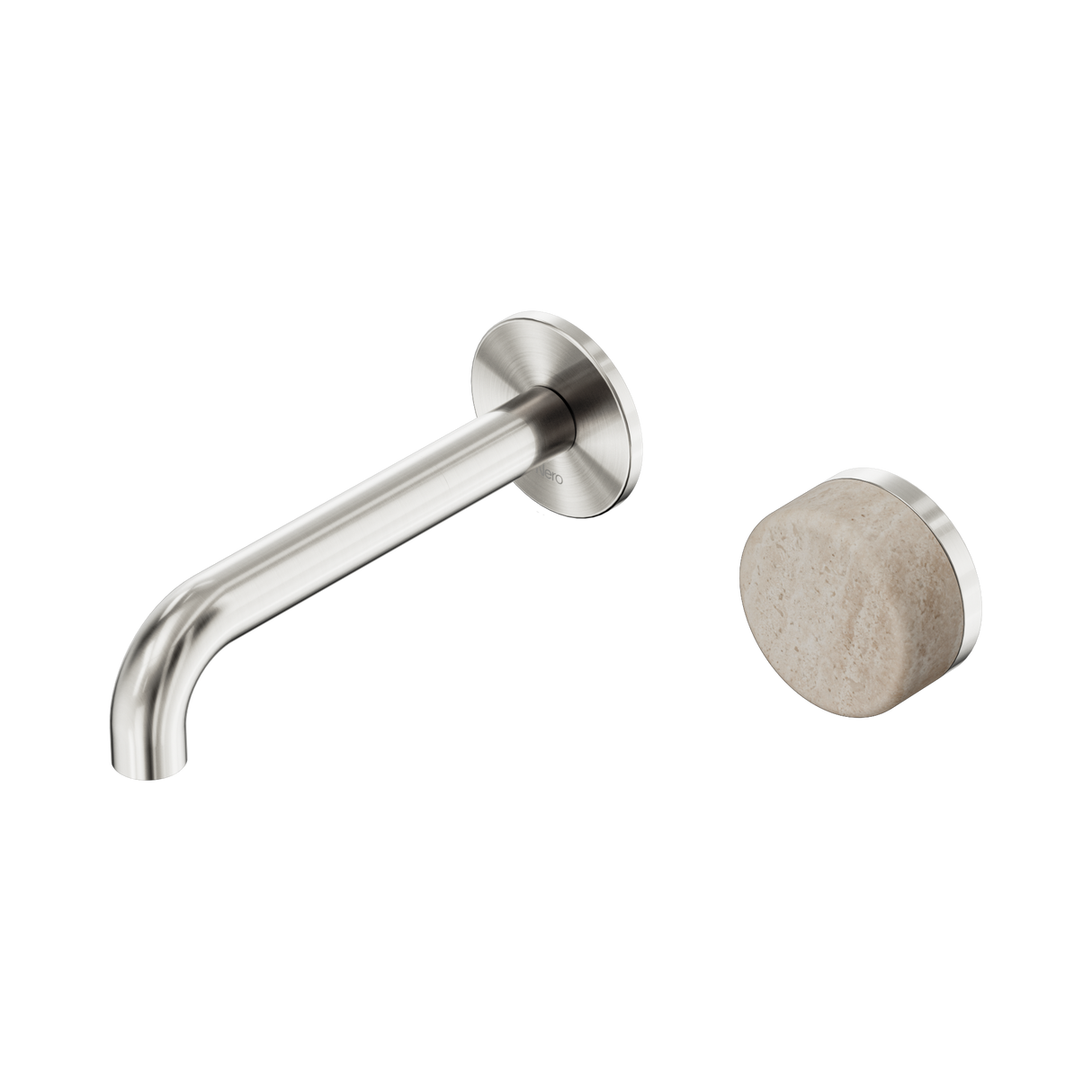 An image of Nero Tapware's Serenity Progressive Wall Basin Mixer 160mm Spout With Rome Travertine Handle Brushed Nickel