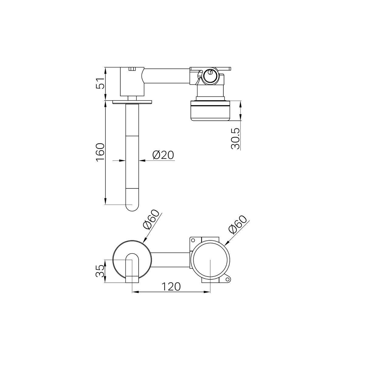 A line drawing of Nero Tapware's Serenity Progressive Wall Basin Mixer 160mm Spout With Rome Travertine Handle Chrome
