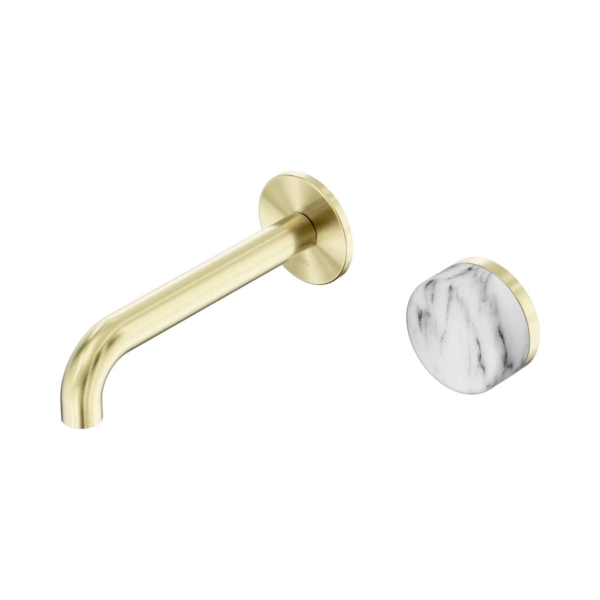 An image of Nero Tapware's Serenity Progressive Wall Basin Mixer 160mm Spout With Arabescato Corchia Handle Brushed Gold