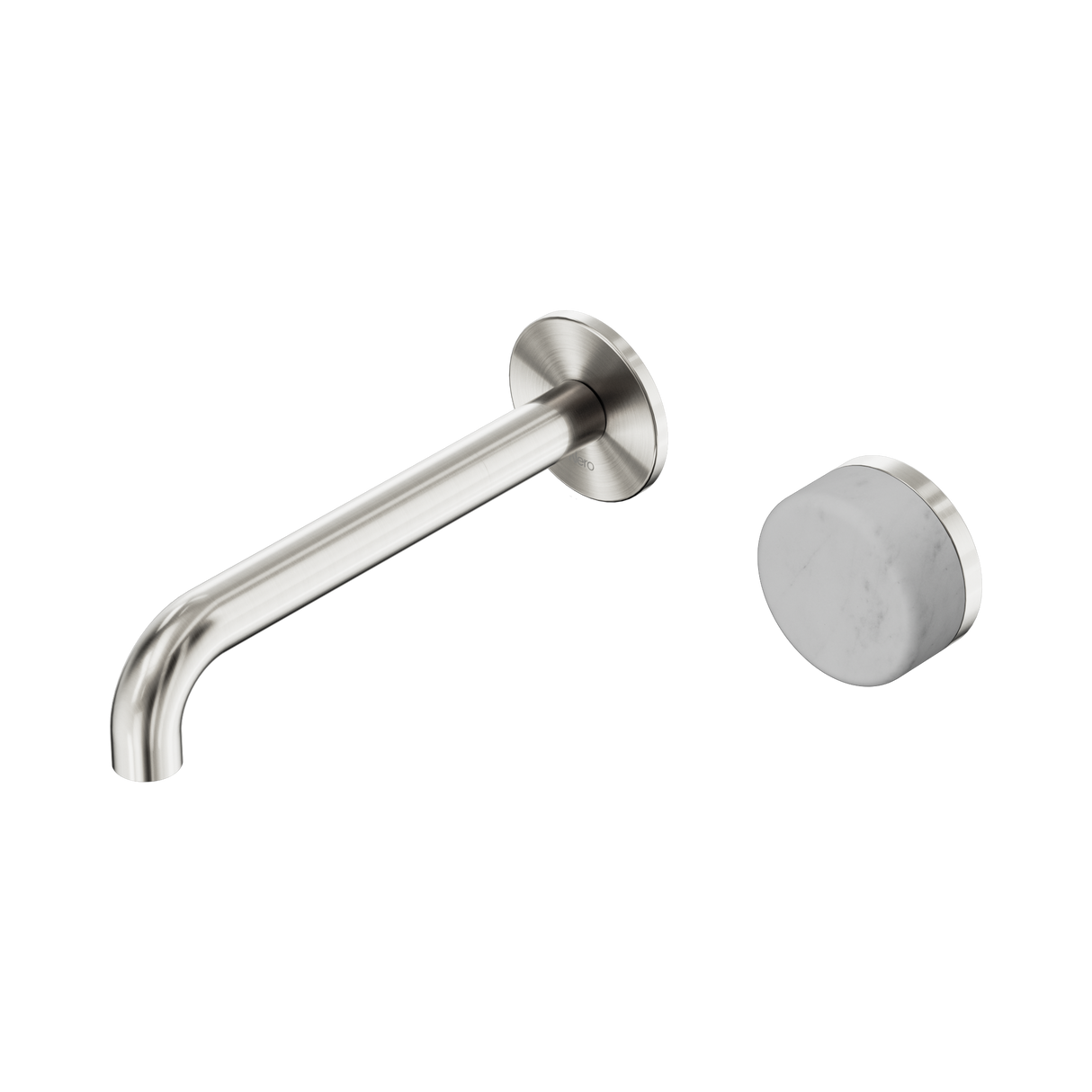 An image of Nero Tapware's Serenity Progressive Wall Basin Mixer 185mm Spout With Carrara Handle Brushed Nickel