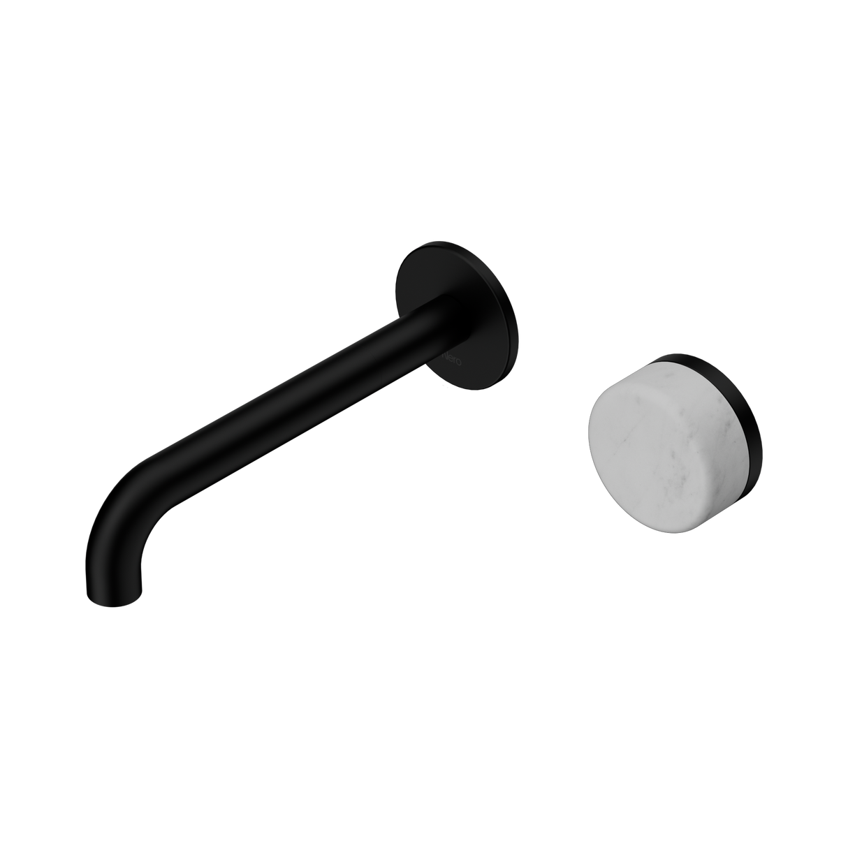 An image of Nero Tapware's Serenity Progressive Wall Basin Mixer 185mm Spout With Carrara Handle Matt Black