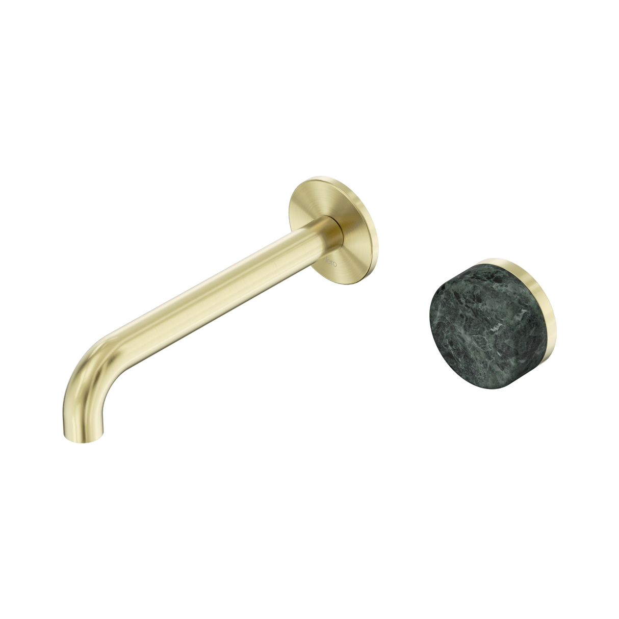 An image of Nero Tapware's Serenity Progressive Wall Basin Mixer 185mm Spout With Verde Alpi Handle Brushed Gold