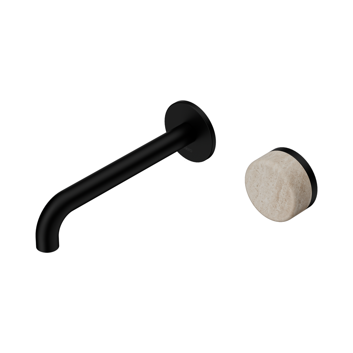 An image of Nero Tapware's Serenity Progressive Wall Basin Mixer 185mm Spout With Rome Travertine Handle Matt Black