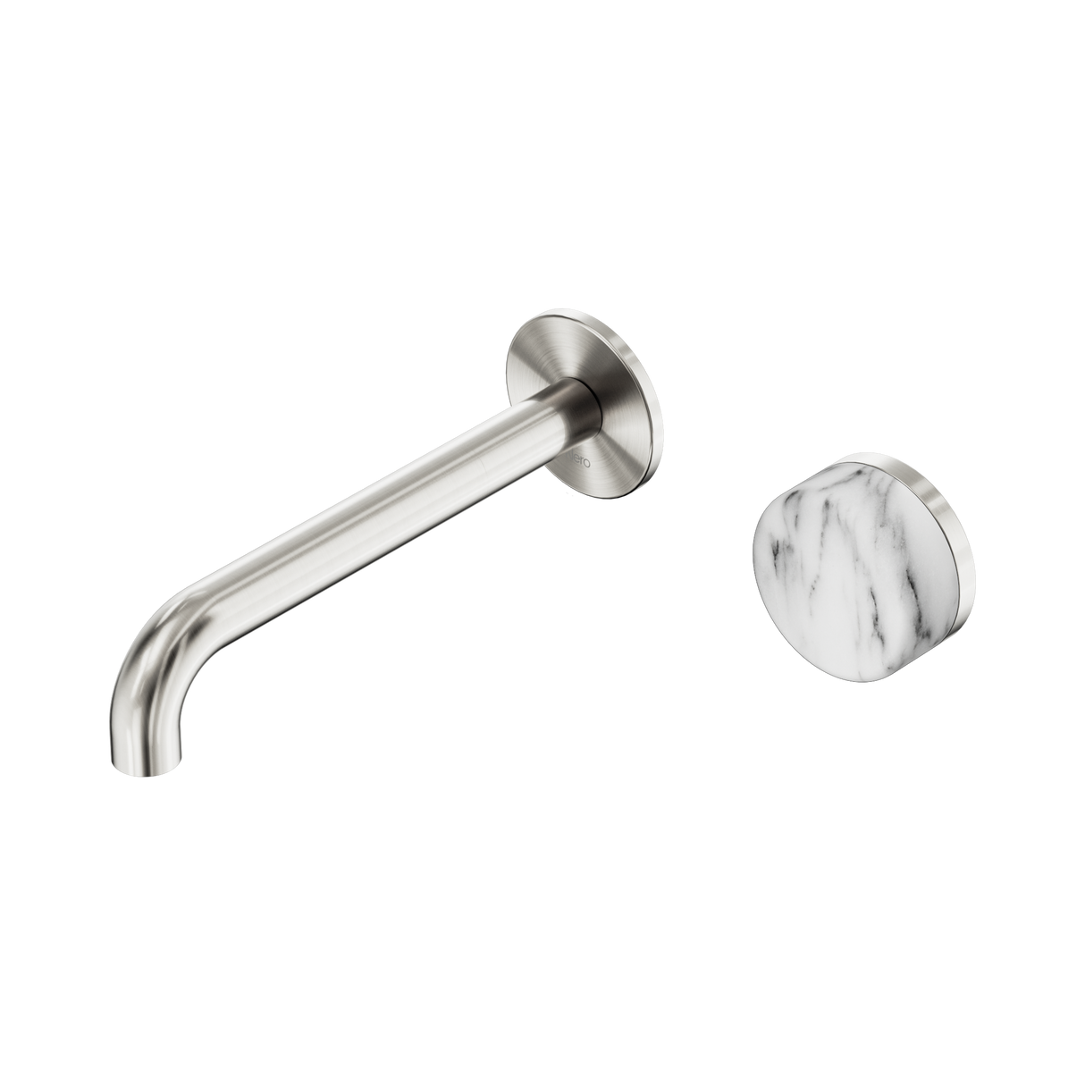 An image of Nero Tapware's Serenity Progressive Wall Basin Mixer 185mm Spout With Arabescato Corchia Handle Brushed Nickel