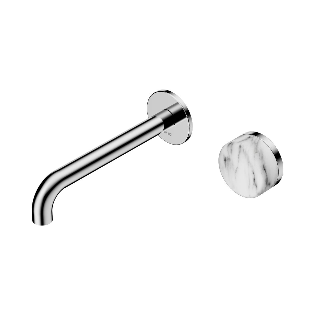 An image of Nero Tapware's Serenity Progressive Wall Basin Mixer 185mm Spout With Arabescato Corchia Handle Chrome