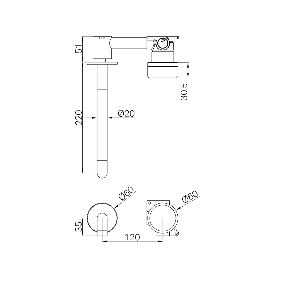 A line drawing of Nero Tapware's Serenity Progressive Wall Basin Mixer 220mm Spout With Carrara Handle Gun Metal