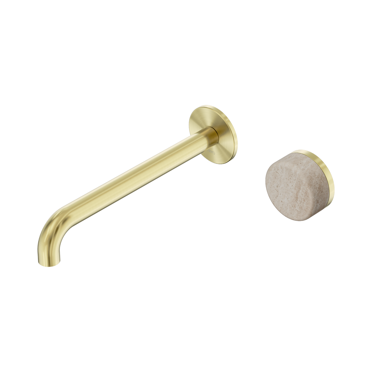 An image of Nero Tapware's Serenity Progressive Wall Basin Mixer 220mm Spout With Rome Travertine Handle Brushed Gold