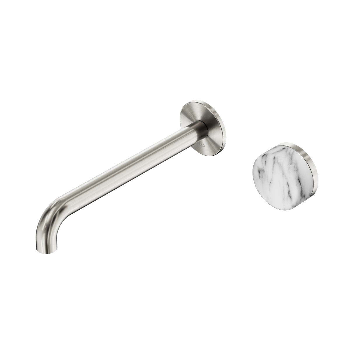 An image of Nero Tapware's Serenity Progressive Wall Basin Mixer 220mm Spout With Arabescato Corchia Handle Brushed Nickel
