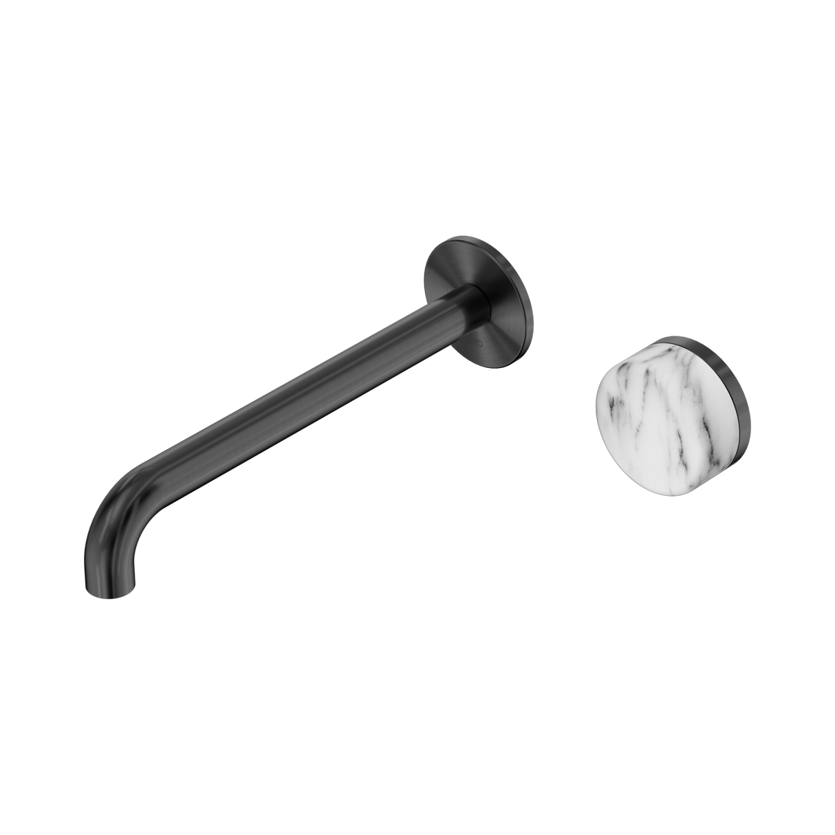 An image of Nero Tapware's Serenity Progressive Wall Basin Mixer 220mm Spout With Arabescato Corchia Handle Gun Metal