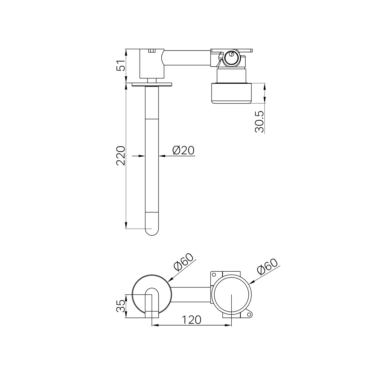 A line drawing of Nero Tapware's Serenity Progressive Wall Basin Mixer 220mm Spout With Metal Handle Gun Metal