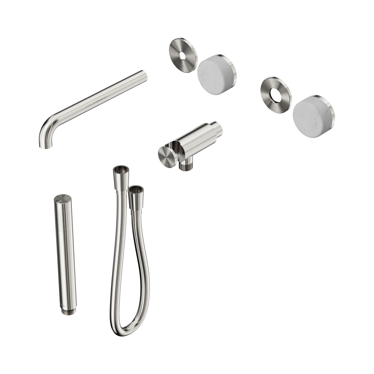 An image of Nero Tapware's Serenity Progressive Shower System With Spout With Carrara Handle And Slim Shower Trim Kit Only Brushed Nickel