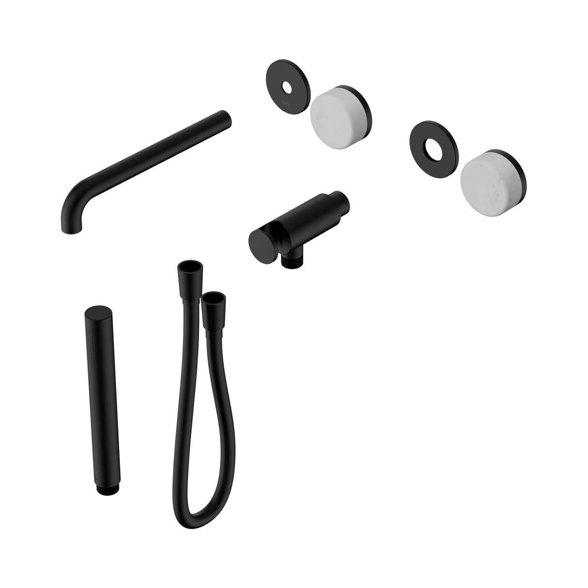 An image of Nero Tapware's Serenity Progressive Shower System With Spout With Carrara Handle And Slim Shower Trim Kit Only Matt Black
