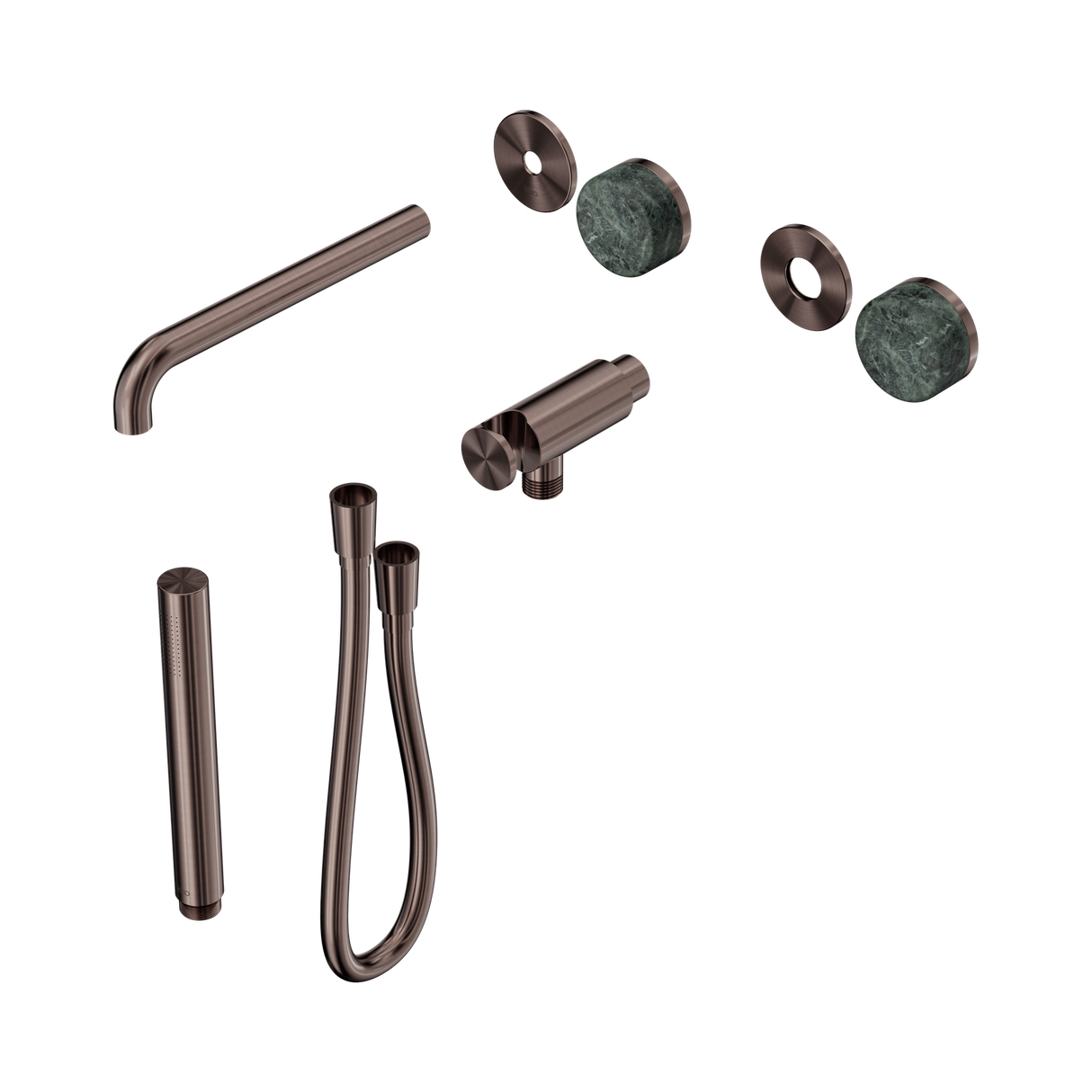 An image of Nero Tapware's Serenity Progressive Shower System With Spout With Verde Alpi Handle And Slim Shower Trim Kit Only Brushed Bronze