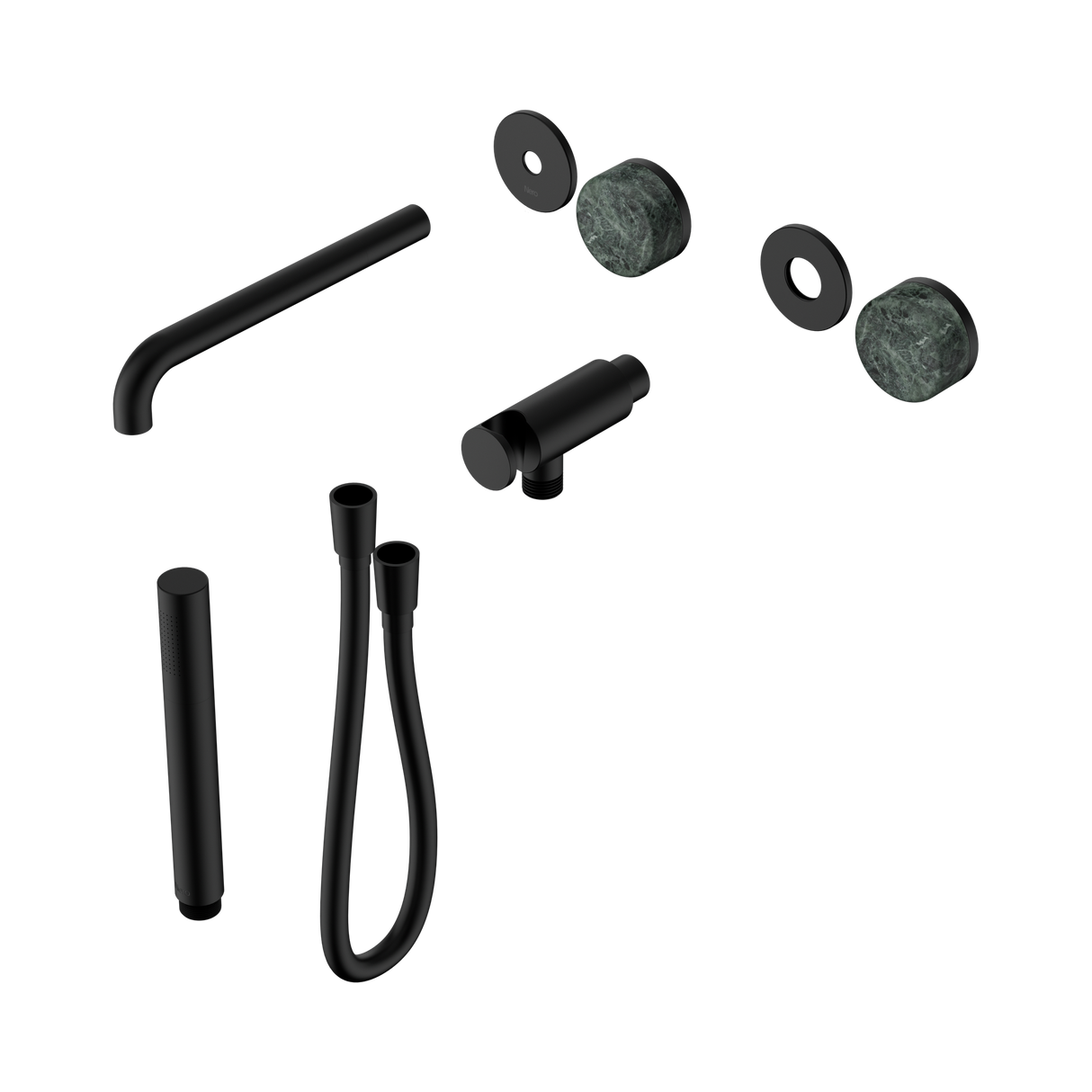 An image of Nero Tapware's Serenity Progressive Shower System With Spout With Verde Alpi Handle And Slim Shower Trim Kit Only Matt Black