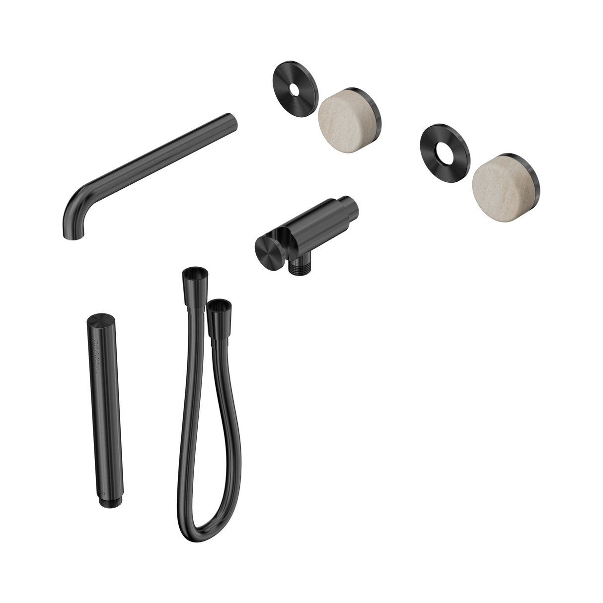 An image of Nero Tapware's Serenity Progressive Shower System With Spout With Rome Travertine Handle And Slim Shower Trim Kit Only Gun Metal
