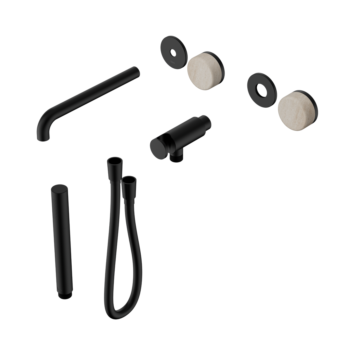 An image of Nero Tapware's Serenity Progressive Shower System With Spout With Rome Travertine Handle And Slim Shower Trim Kit Only Matt Black