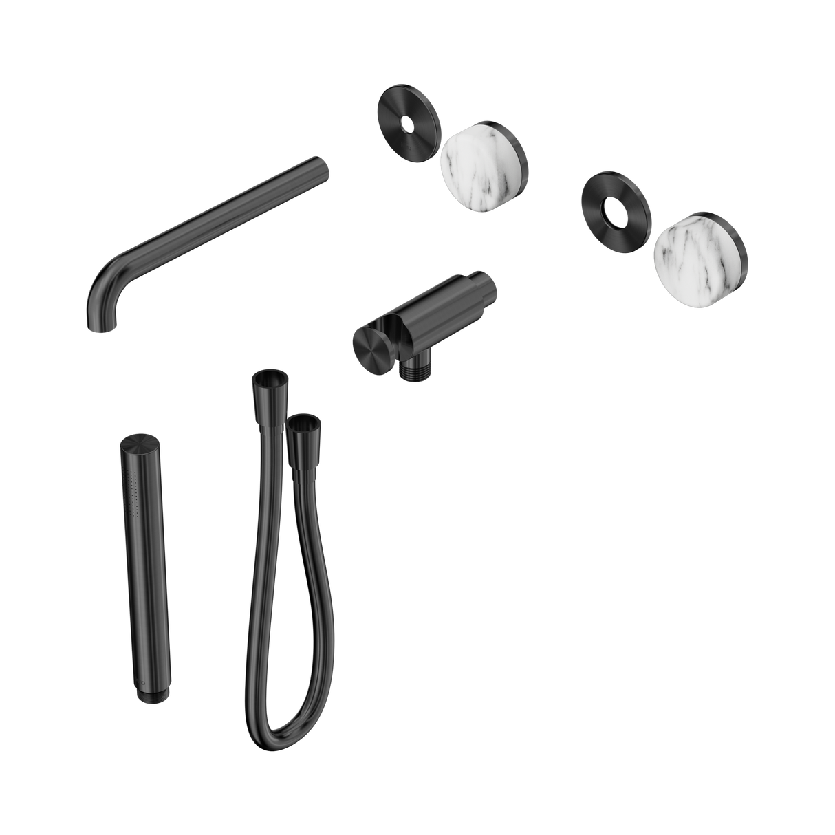 An image of Nero Tapware's Serenity Progressive Shower System With Spout With Arabescato Corchia Handle And Slim Shower Trim Kit Only Gun Metal