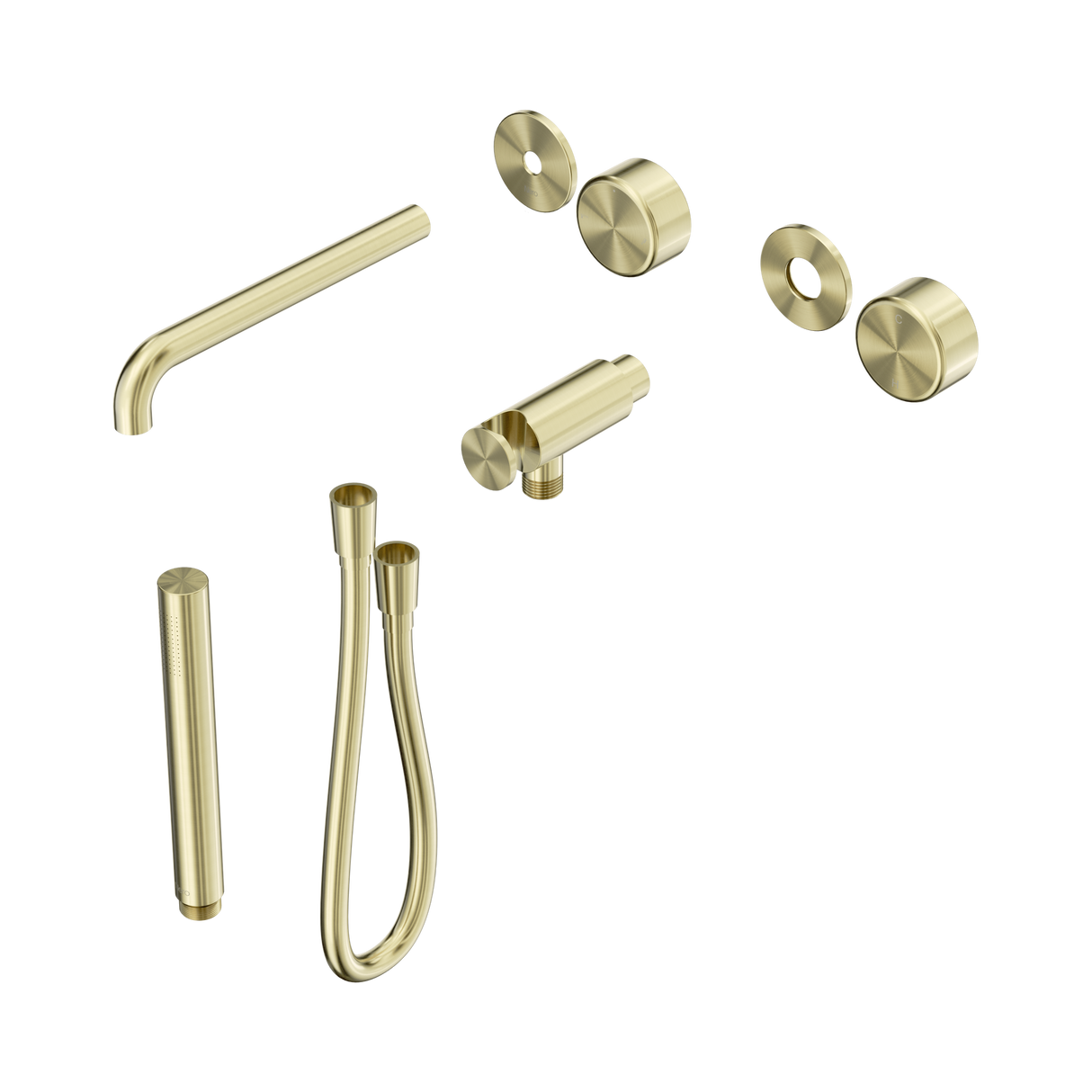 An image of Nero Tapware's Serenity Progressive Shower System With Spout With Metal Handle And Slim Shower Trim Kit Only Brushed Gold