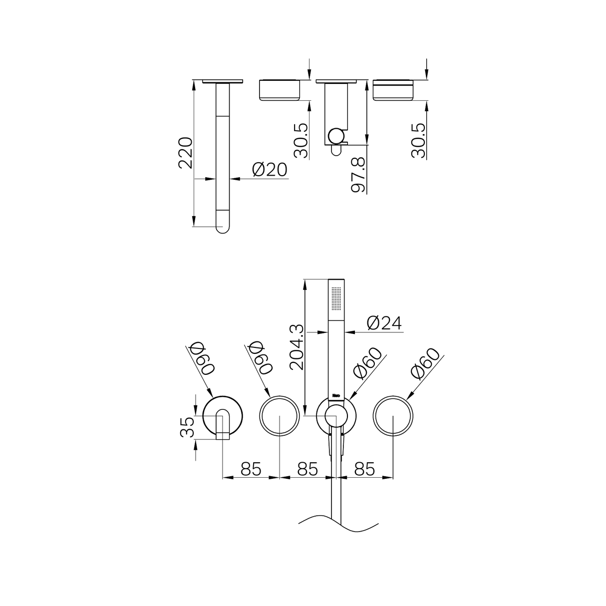 A line drawing of Nero Tapware's Serenity Progressive Shower System With Spout With Metal Handle And Slim Shower Trim Kit Only Brushed Nickel