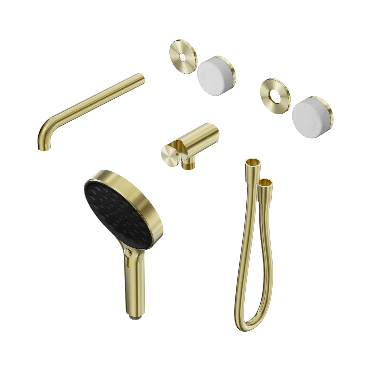 An image of Nero Tapware's Serenity Progressive Shower System With Spout With Carrara Handle And Serenity Hand Shower Trim Kit Only Brushed Gold
