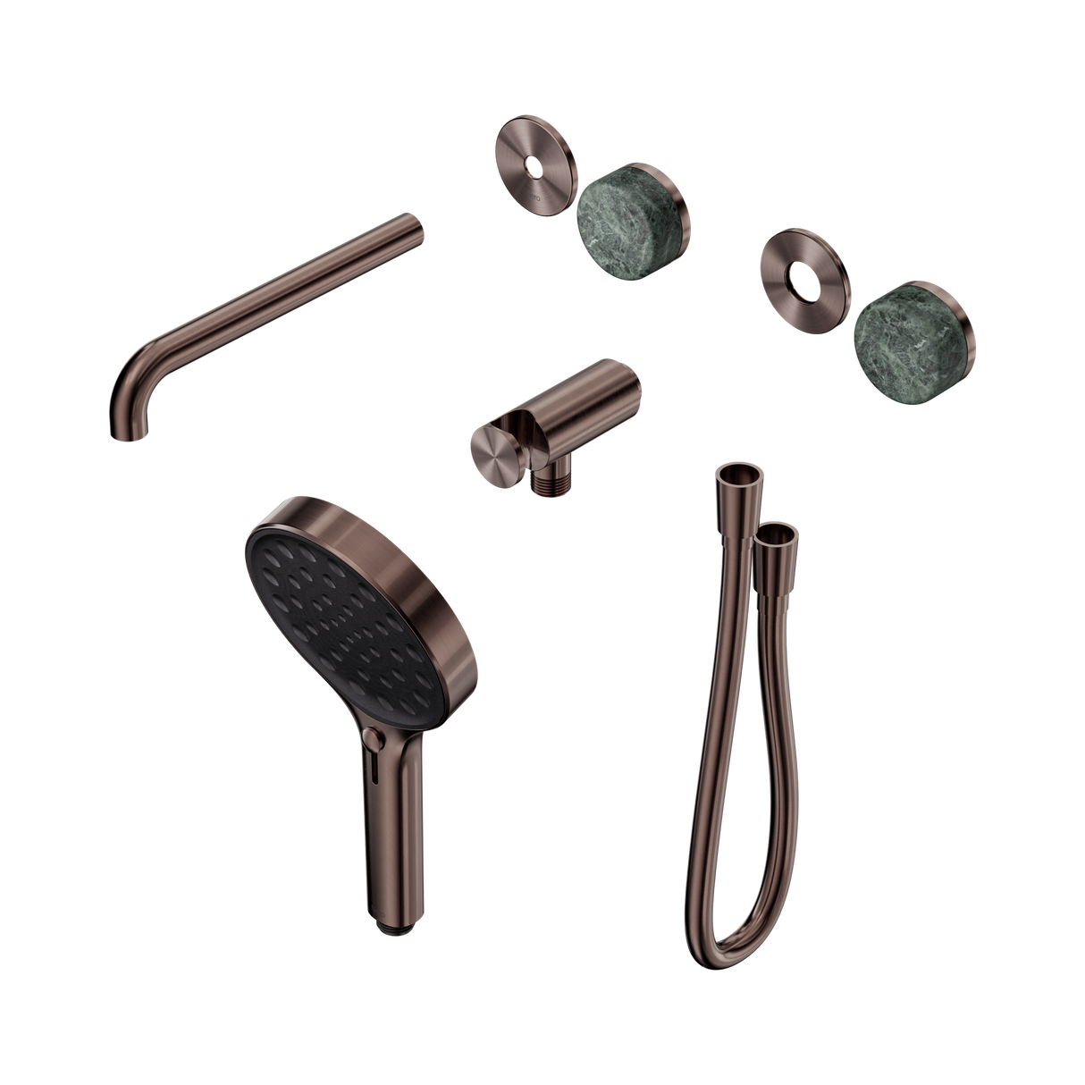An image of Nero Tapware's Serenity Progressive Shower System With Spout With Verde Alpi Handle And Serenity Hand Shower Trim Kit Only Brushed Bronze