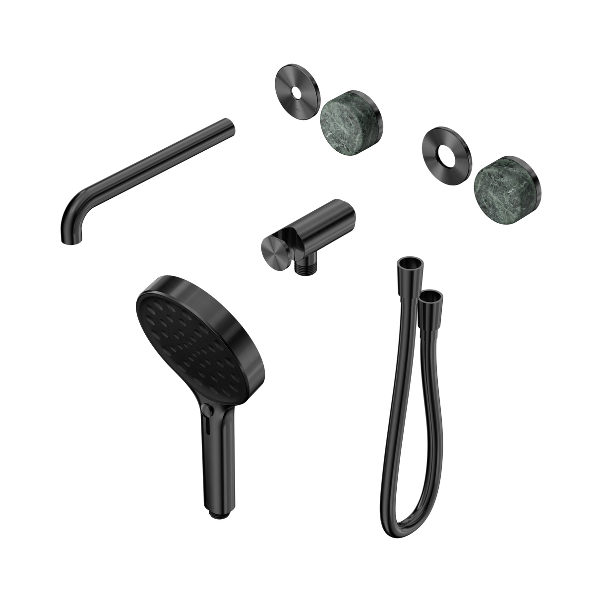 An image of Nero Tapware's Serenity Progressive Shower System With Spout With Verde Alpi Handle And Serenity Hand Shower Trim Kit Only Gun Metal