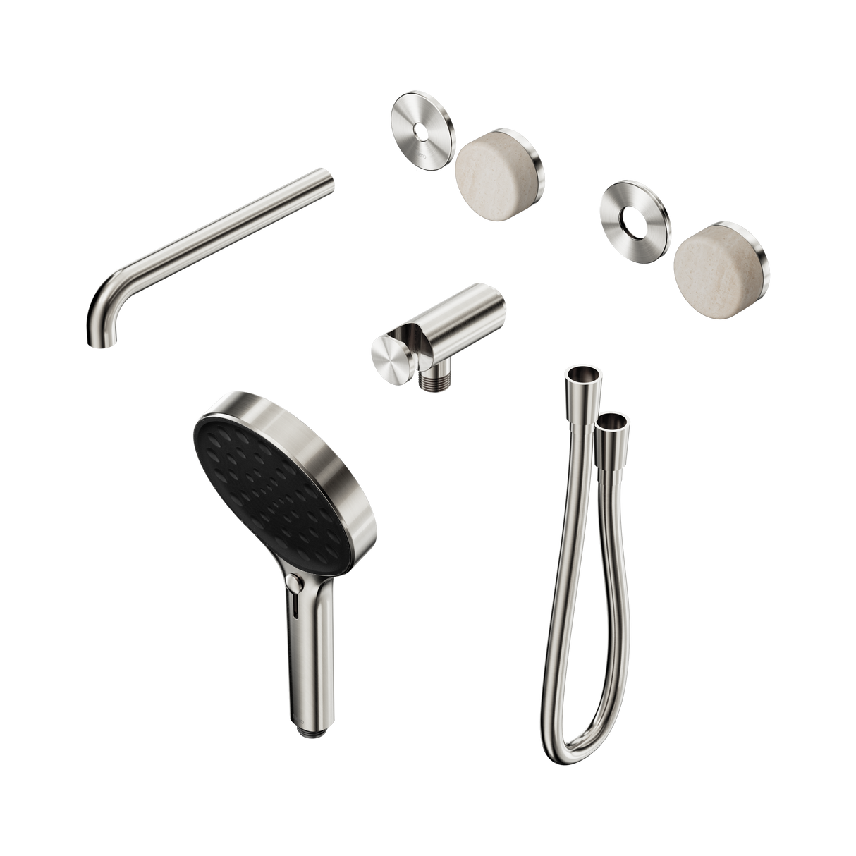 An image of Nero Tapware's Serenity Progressive Shower System With Spout With Rome Travertine Handle And Serenity Hand Shower Trim Kit Only Brushed Nickel