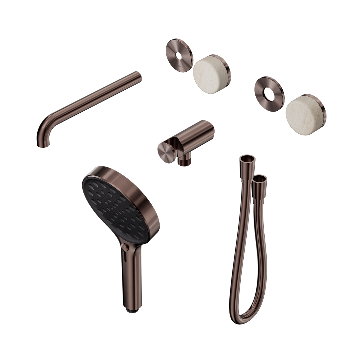 An image of Nero Tapware's Serenity Progressive Shower System With Spout With Rome Travertine Handle And Serenity Hand Shower Trim Kit Only Brushed Bronze