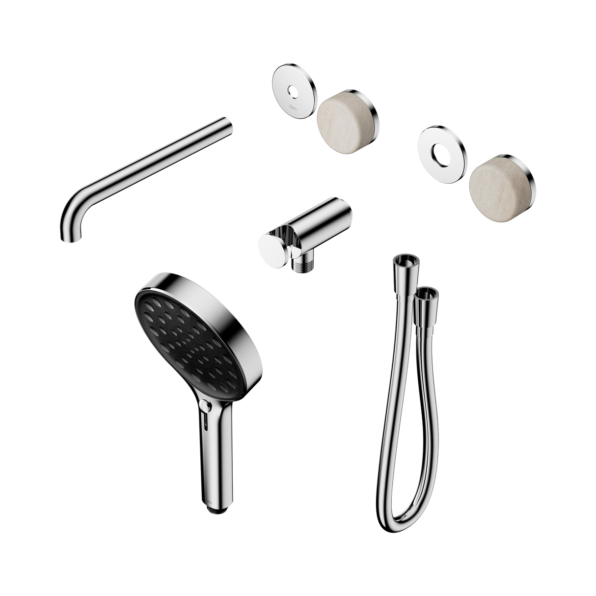 An image of Nero Tapware's Serenity Progressive Shower System With Spout With Rome Travertine Handle And Serenity Hand Shower Trim Kit Only Chrome