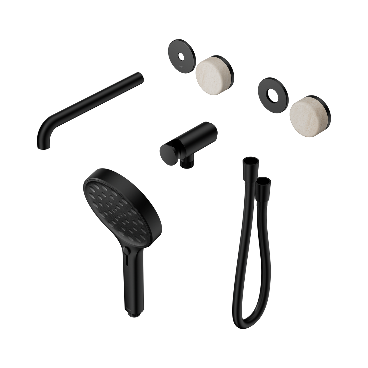 An image of Nero Tapware's Serenity Progressive Shower System With Spout With Rome Travertine Handle And Serenity Hand Shower Trim Kit Only Matt Black