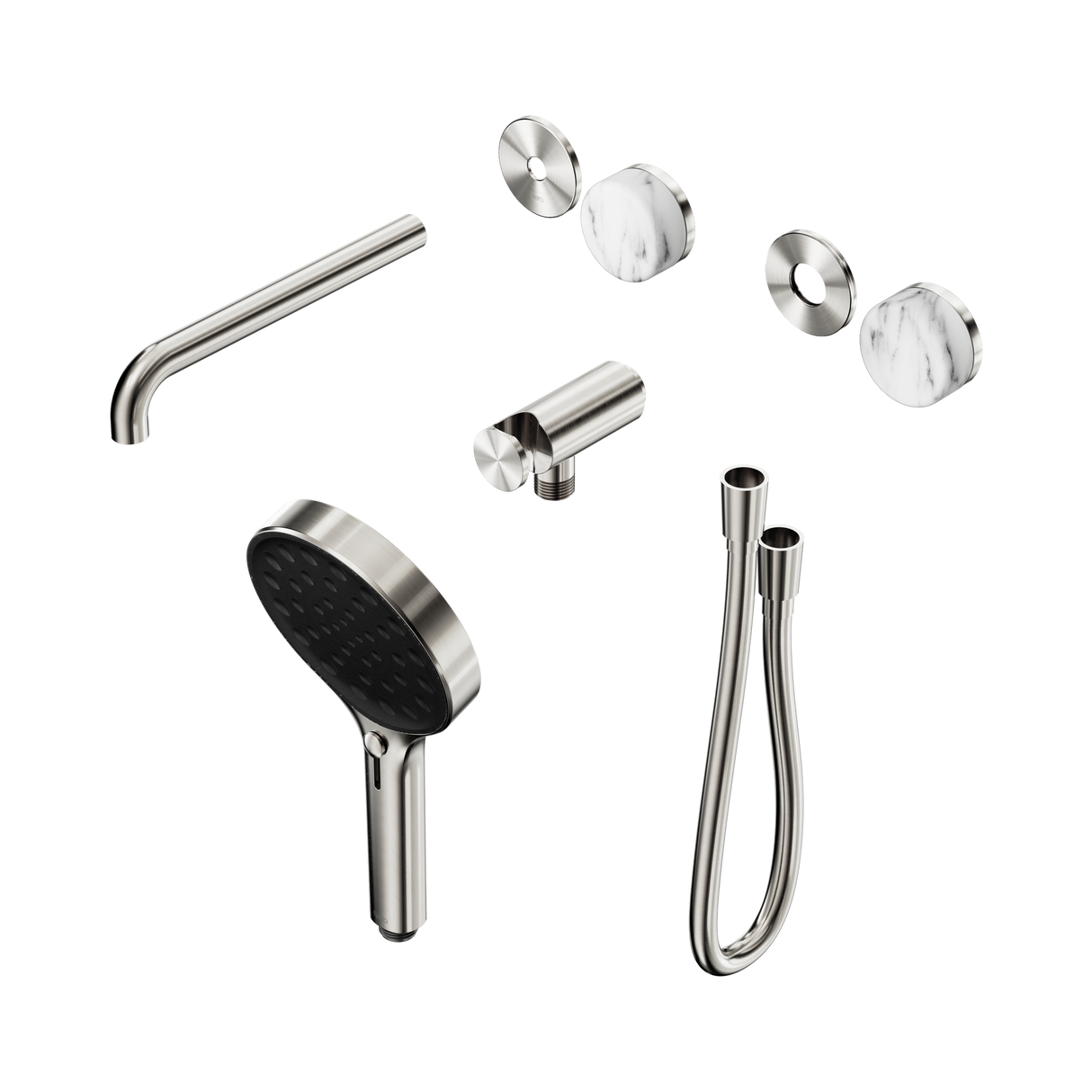 An image of Nero Tapware's Serenity Progressive Shower System With Spout With Arabescato Corchia Handle And Serenity Hand Shower Trim Kit Only Brushed Nickel