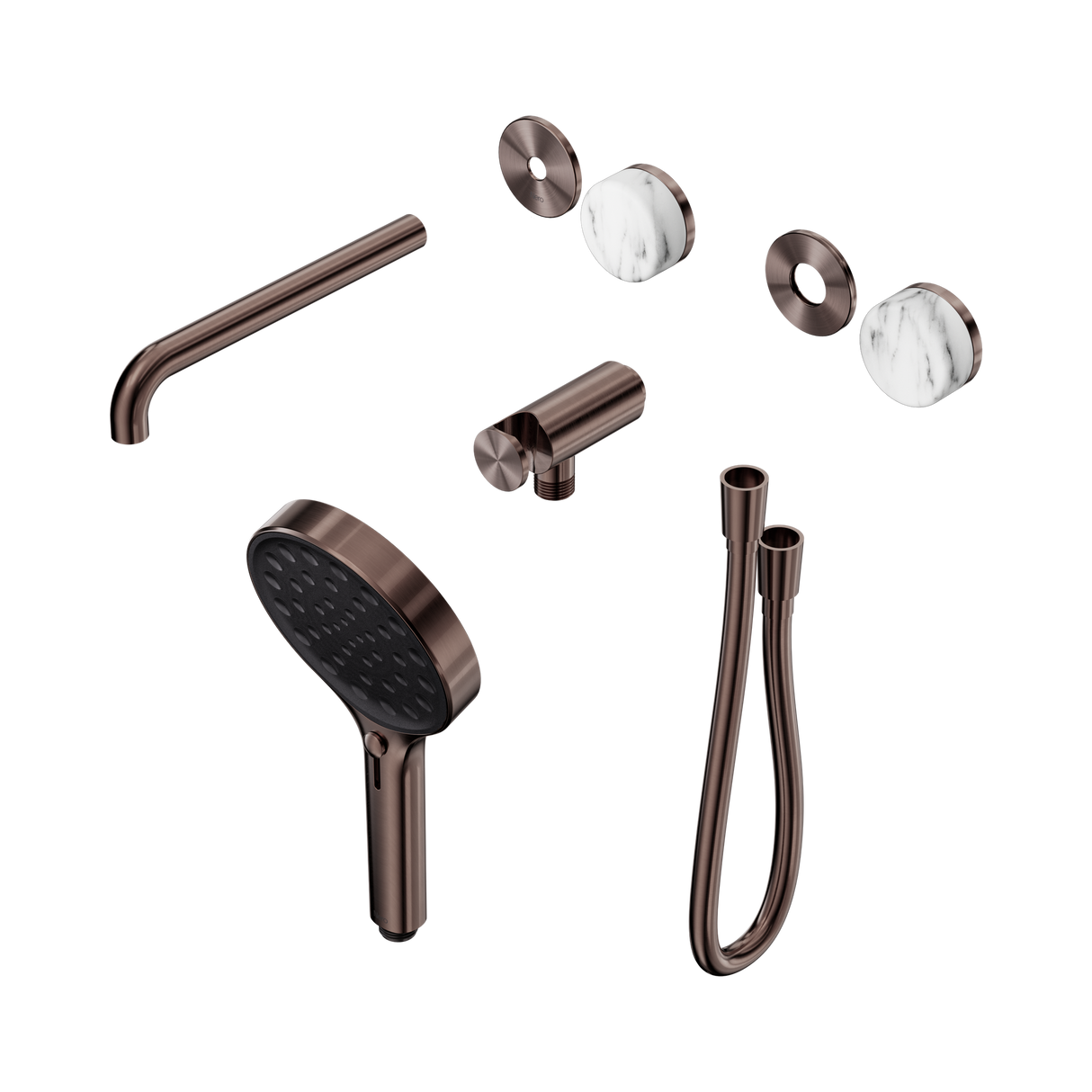 An image of Nero Tapware's Serenity Progressive Shower System With Spout With Arabescato Corchia Handle And Serenity Hand Shower Trim Kit Only Brushed Bronze