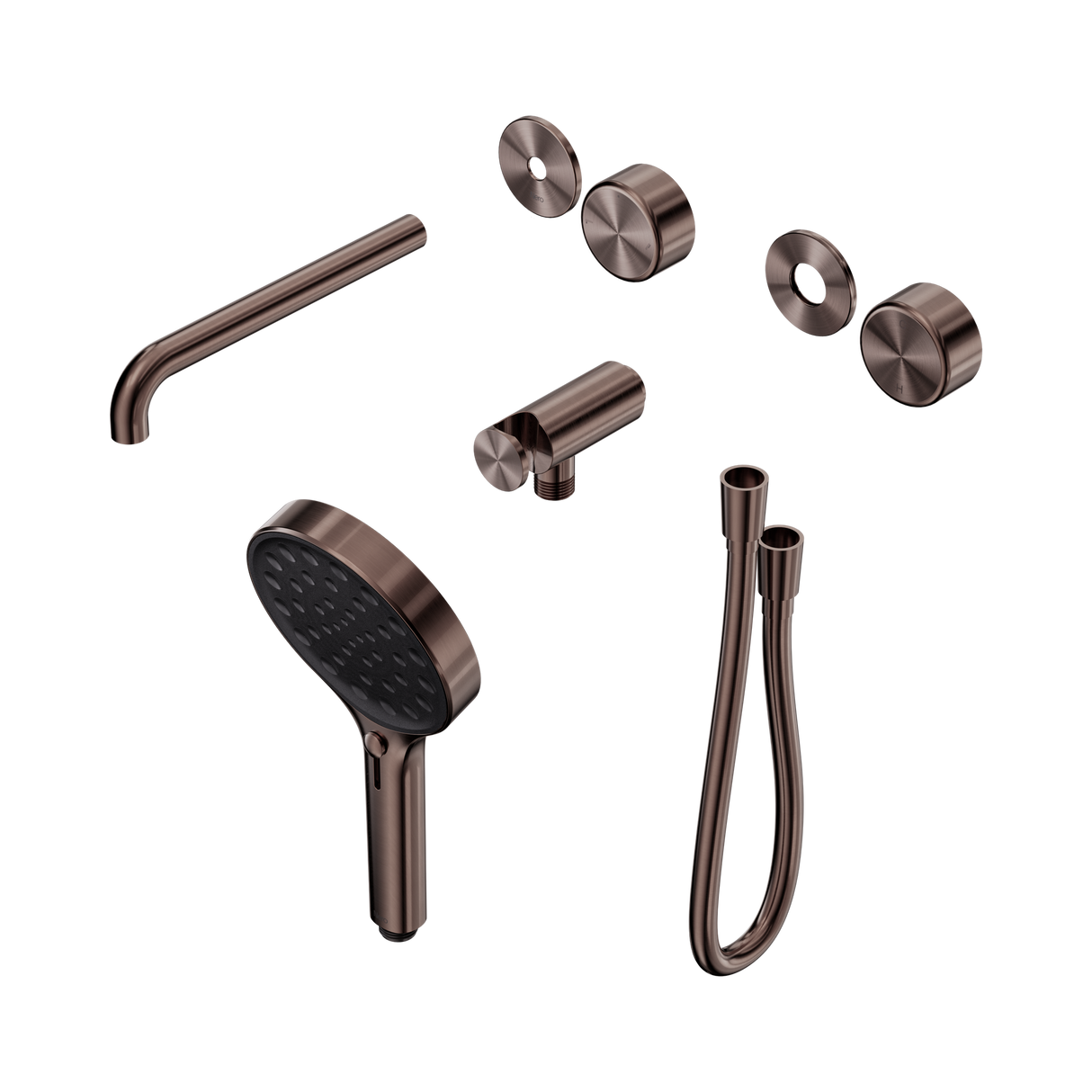 An image of Nero Tapware's Serenity Progressive Shower System With Spout With Metal Handle And Serenity Hand Shower Trim Kit Only Brushed Bronze