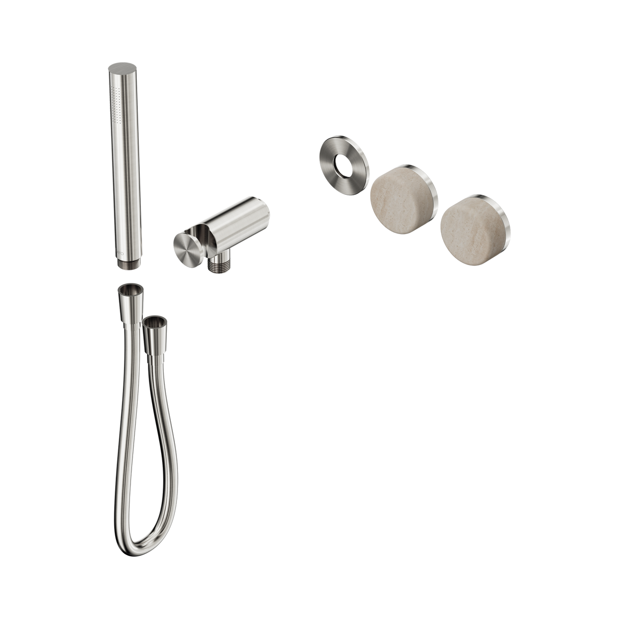 An image of Nero Tapware's Serenity Progressive Shower System With Rome Travertine Handle And Slim Shower Trim Kit Only Brushed Nickel