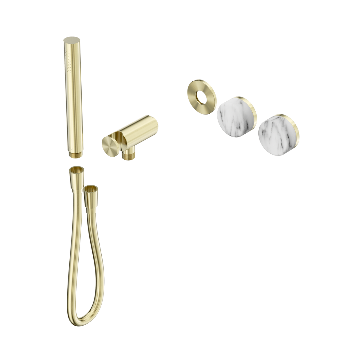 An image of Nero Tapware's Serenity Progressive Shower System With Arabescato Corchia Handle And Slim Shower Trim Kit Only Brushed Gold