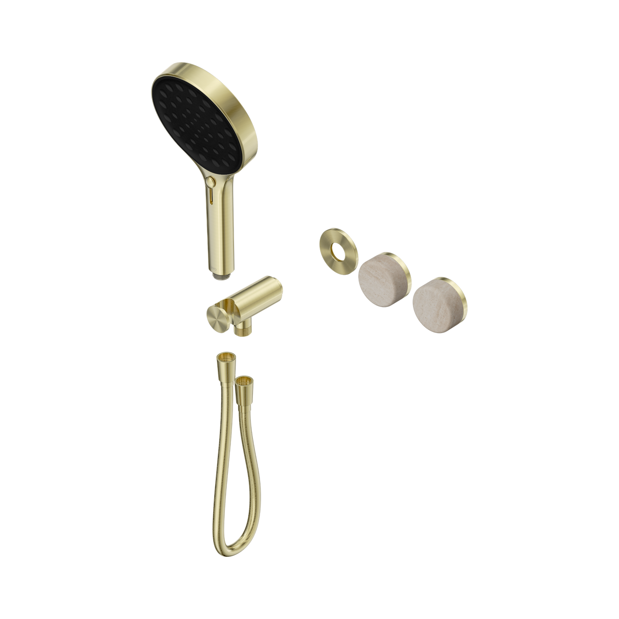 An image of Nero Tapware's Serenity Progressive Shower System With Rome Travertine Handle And Serenity Hand Shower Trim Kit Only Brushed Gold