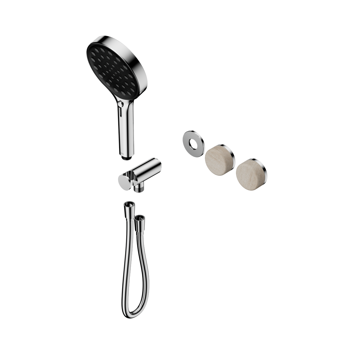 An image of Nero Tapware's Serenity Progressive Shower System With Rome Travertine Handle And Serenity Hand Shower Trim Kit Only Chrome