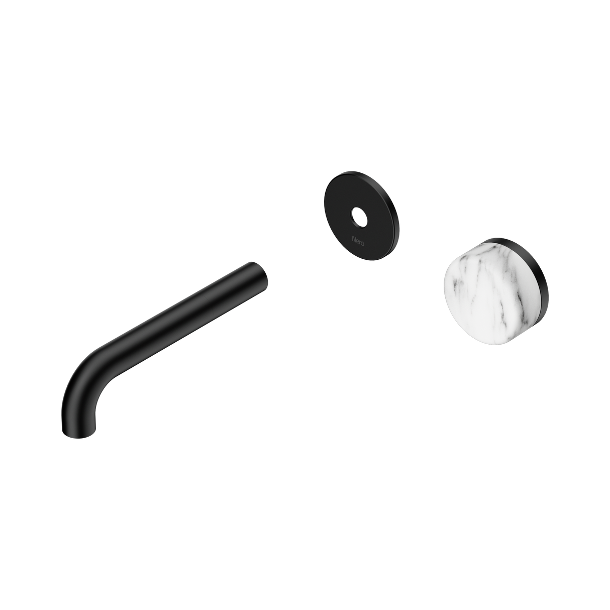 An image of Nero Tapware's Serenity Progressive Wall Basin Mixer 160mm Spout With Arabescato Corchia Handle Trim Kit Only Matt Black