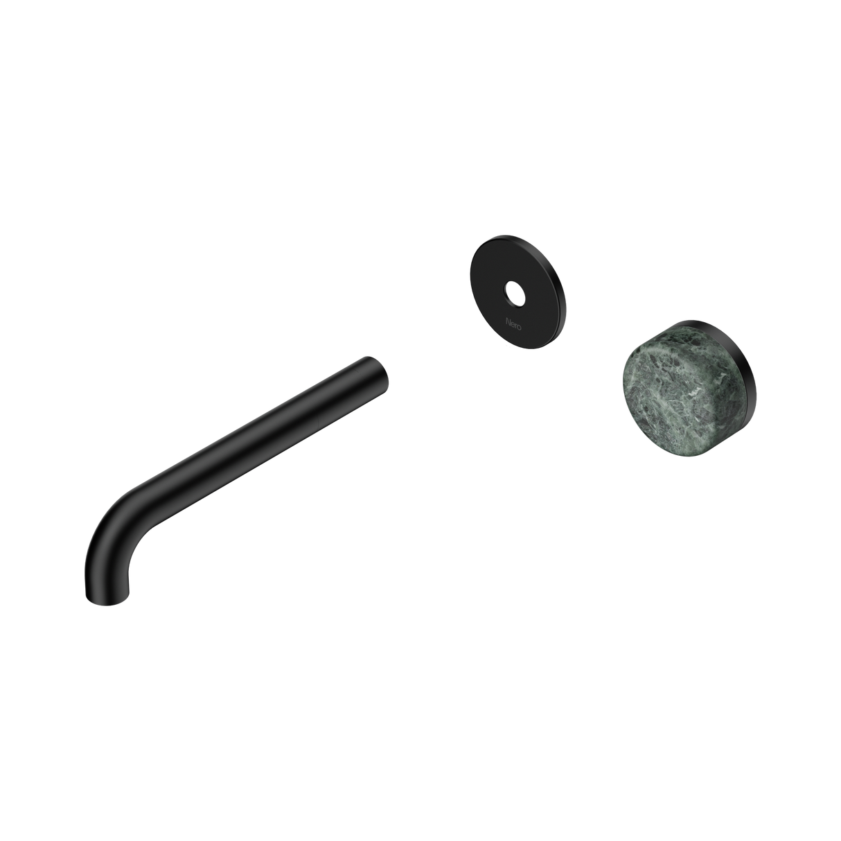 An image of Nero Tapware's Serenity Progressive Wall Basin Mixer 185mm Spout With Verde Alpi Handle Trim Kit Only Matt Black