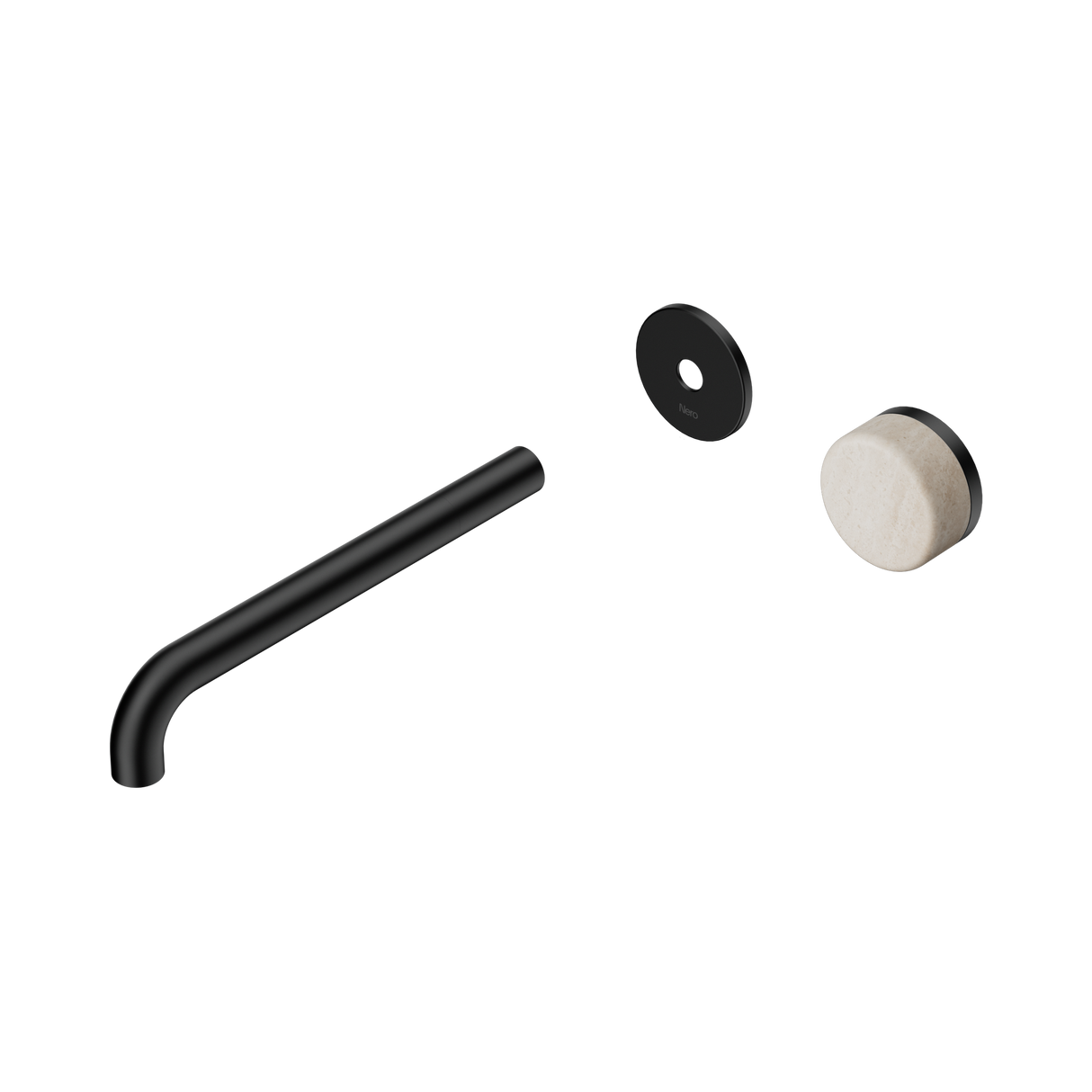 An image of Nero Tapware's Serenity Progressive Wall Basin Mixer 220mm Spout With Rome Travertine Handle Trim Kit Only Matt Black