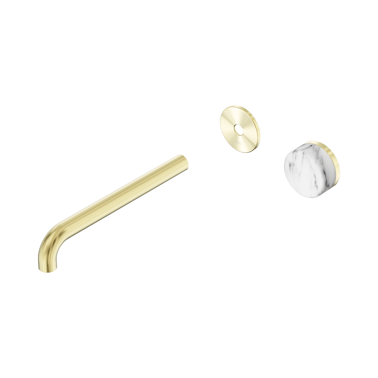 An image of Nero Tapware's Serenity Progressive Wall Basin Mixer 220mm Spout With Arabescato Corchia Handle Trim Kit Only Brushed Gold