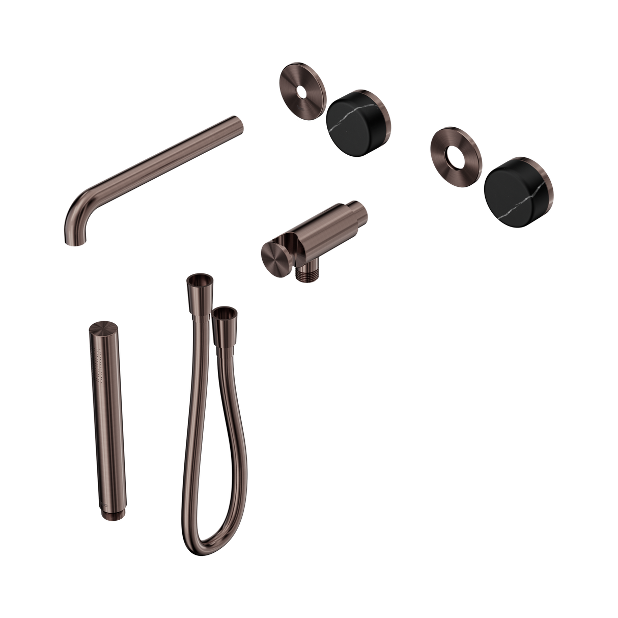 An image of Nero Tapware's Serenity Progressive Shower System With Spout With Marquina Black Handle And Slim Shower Trim Kit Only Brushed Bronze