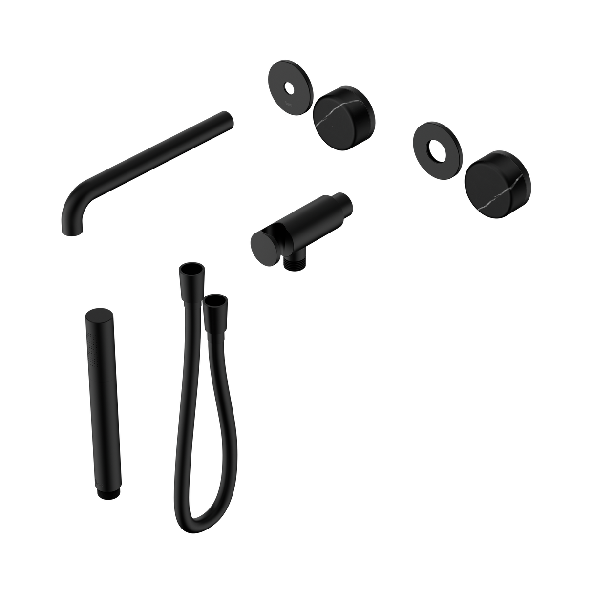 An image of Nero Tapware's Serenity Progressive Shower System With Spout With Marquina Black Handle And Slim Shower Trim Kit Only Matt Black