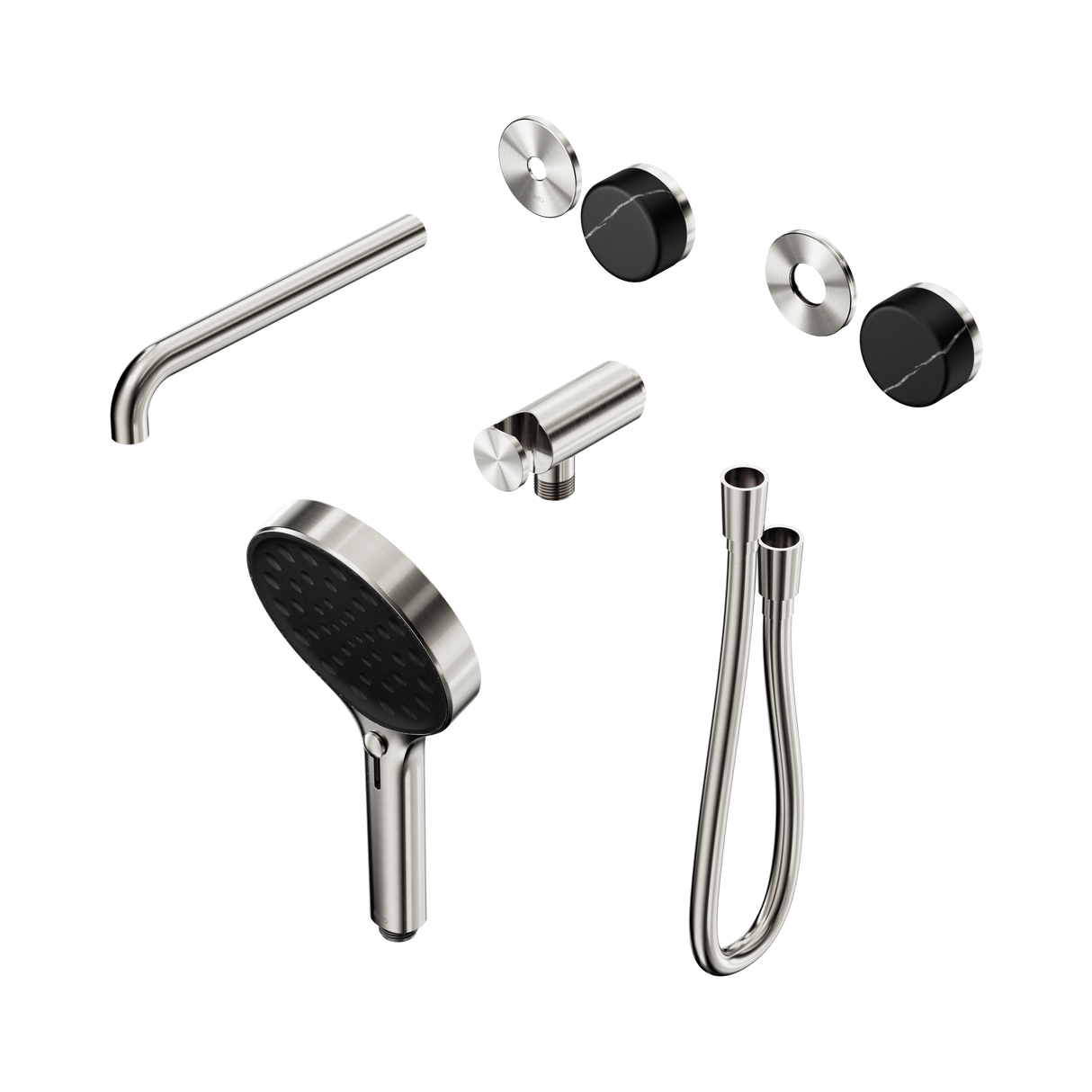 An image of Nero Tapware's Serenity Progressive Shower System With Spout With Marquina Black Handle And Serenity Hand Shower Trim Kit Only Brushed Nickel