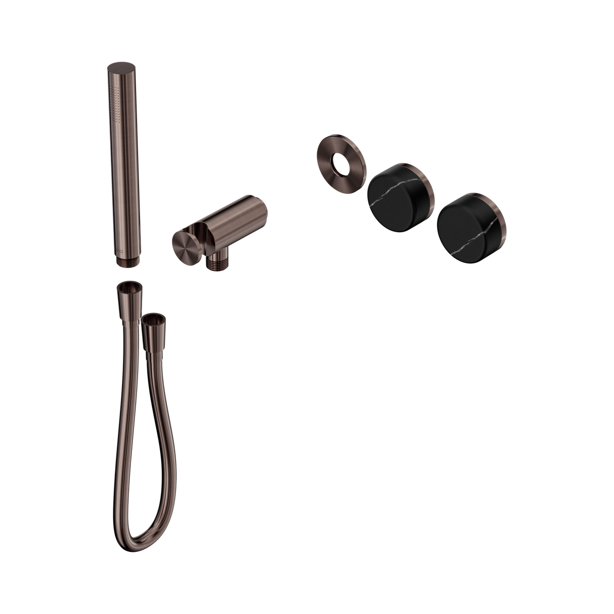 An image of Nero Tapware's Serenity Progressive Shower System With Marquina Black Handle And Slim Shower Trim Kit Only Brushed Bronze