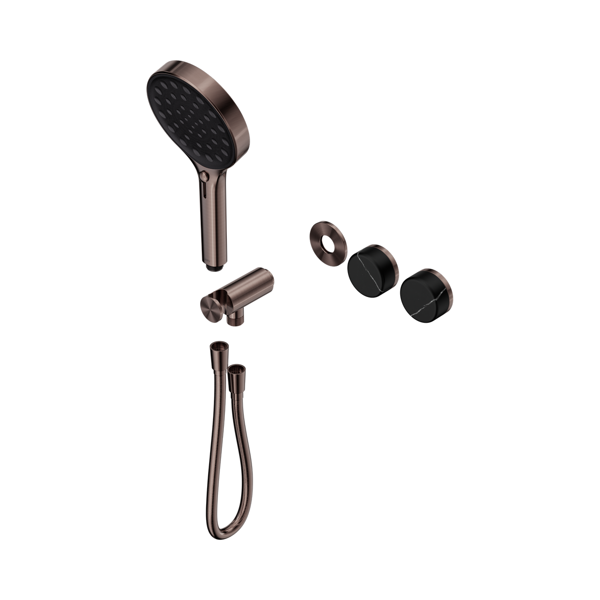 An image of Nero Tapware's Serenity Progressive Shower System With Marquina Black Handle And Serenity Hand Shower Trim Kit Only Brushed Bronze